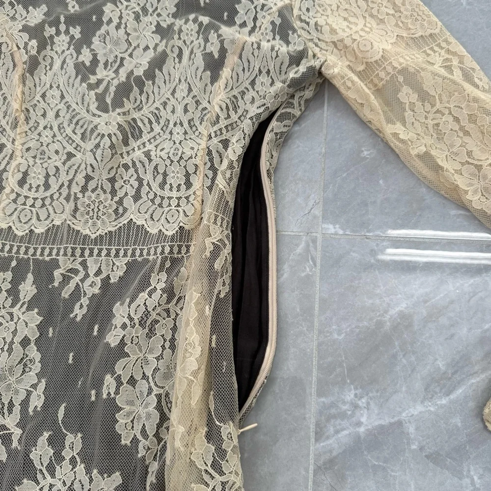 Women’s Free People Lace Open V Back Dress Long Sleeve Lined Boho Size Small - Picture 7 of 16